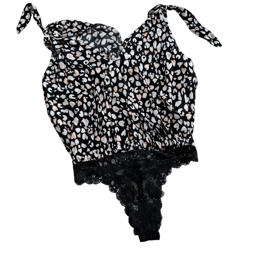 FREE PEOPLE Bare It All Bodysuit Black Leopard Heart Print Lace Women's Size XS